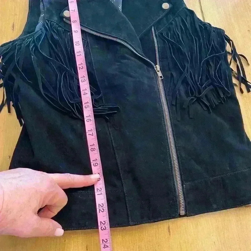Womens Leather Fringe Vest Black Zipper Lined Western small great condition - Picture 7 of 10